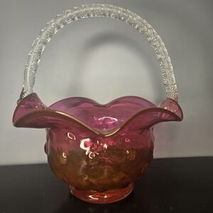 Huge Vintage MCM Fenton Cranberry Knob 10"×9" Hand Blown Glass Basket 3.5 LBS